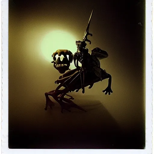 Image similar to frog horseman riding a glowing baroque unicorn skeleton in a thick fog, polaroid photography in style of andrey tarkovski, eerie, mystical, sublime