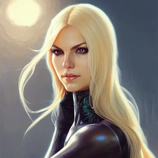 Image similar to Blonde Victoria Justice with green eyes as Emma Frost, western, D&D, fantasy, intricate, elegant, highly detailed, digital painting, artstation, concept art, matte, sharp focus, illustration, art by Artgerm and Greg Rutkowski and Alphonse Mucha