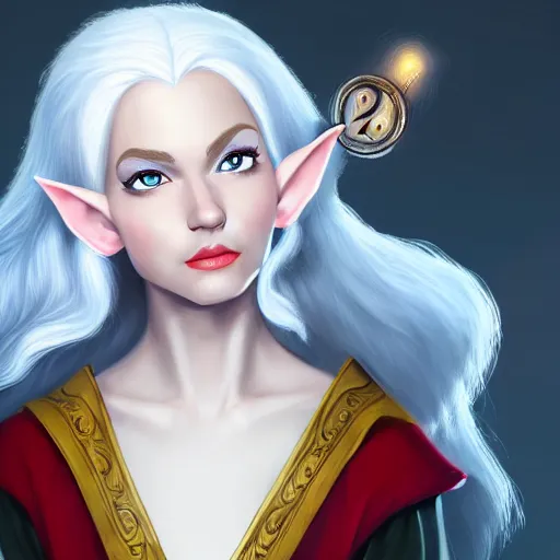 Image similar to Beautiful white haired aged fair skinned scholar elf with spell scroll and lightning background, full body, symmetrical, realism, digital painting, detailed artwork, portrait, mythical, artstation