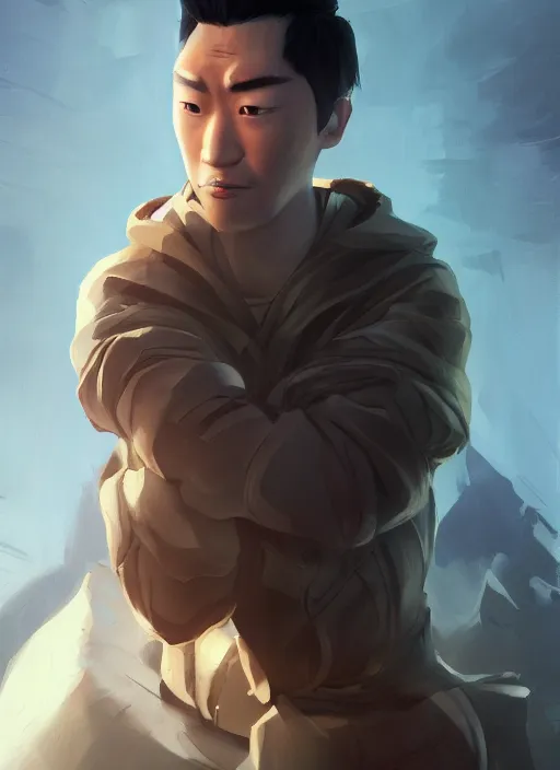 Prompt: a painting of a handsome sad Asian guy, in the style of DreamWorks animation, low angle view, 16mm lens, award winning, mid-shot, hyper detailed, dramatic lighting, artstation, octane renderer, unreal engine