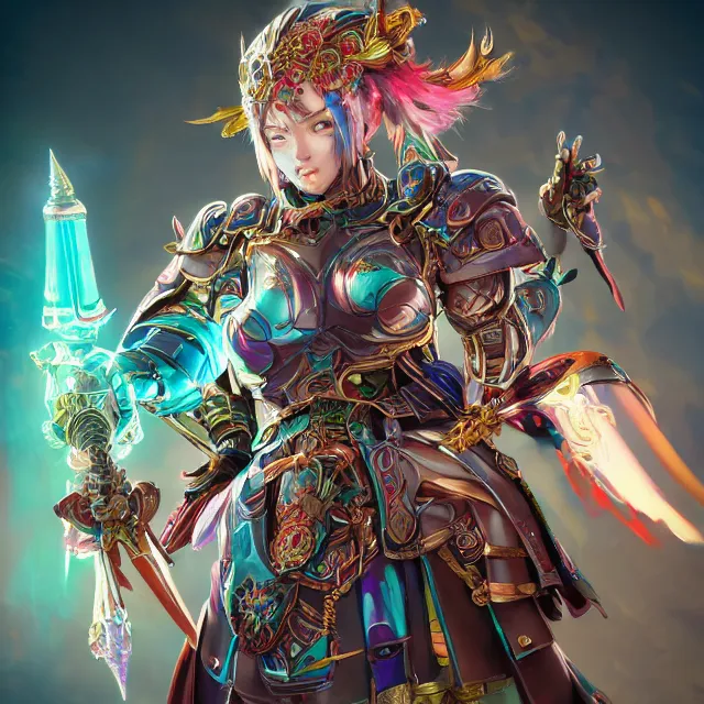 Image similar to studio portrait of lawful good colorful female holy mech paladin as absurdly beautiful, sophisticated, young gravure idol, ultrafine hyperrealistic detailed face illustration by kim jung gi, irakli nadar, intricate linework, sharp focus, bright colors, matte, octopath traveler, final fantasy, unreal engine highly rendered, global illumination, radiant light, intricate environment