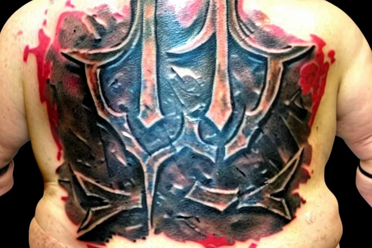 Image similar to ugly amateur tattoo of Mjölnir on a chubby middle-aged man's back