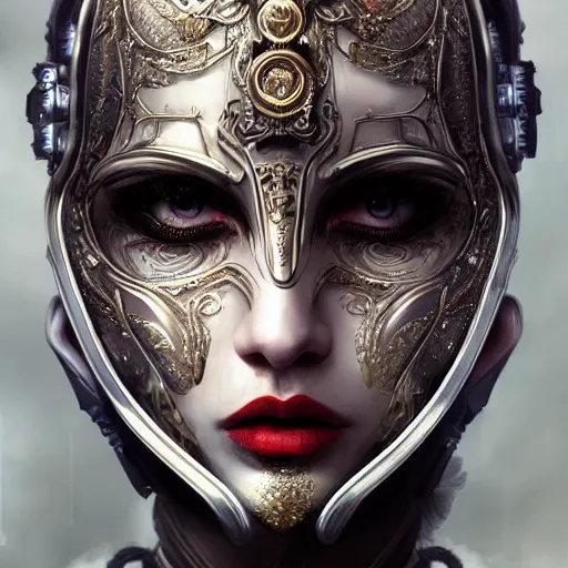 Prompt: Very very very very highly detailed epic photo of face with venetian mask, intricate, dystopian, sci-fi, extremely detailed, digital painting, artstation, concept art, smooth, sharp focus, illustration, intimidating lighting, incredible art by Artgerm and Anton Pieck