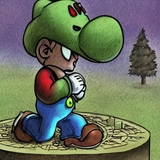 Image similar to Digital art of an aged Mario kneeling in a graveyard. The headstone in front of him says YOSHI. The trees in the graveyard are bare. The art evokes a sensation of loss and nostalgia.