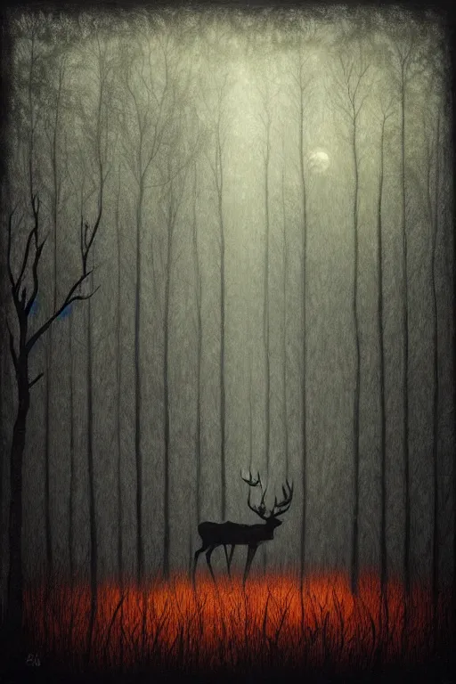 Prompt: stag, haunted woods, silhouettes, by andy kehoe