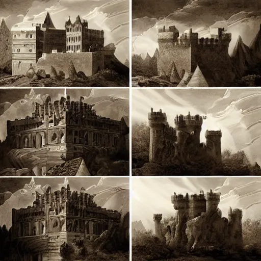 Image similar to A beautiful collage of a castle in the clouds. taupe, high-key lighting by Giovanni Battista Piranesi, by Stuart Immonen unnerving