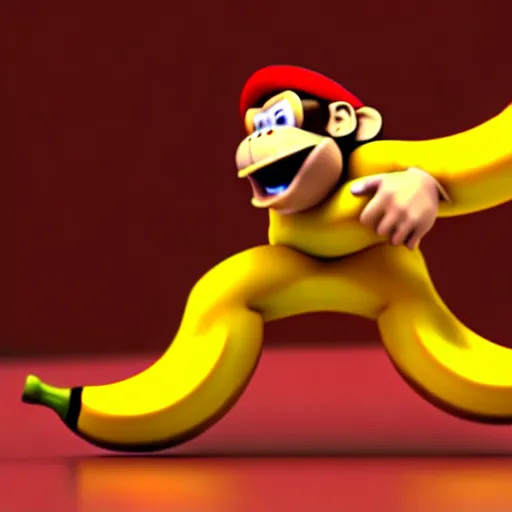 Image similar to Donkey Kong stepping on a banana, 3D render