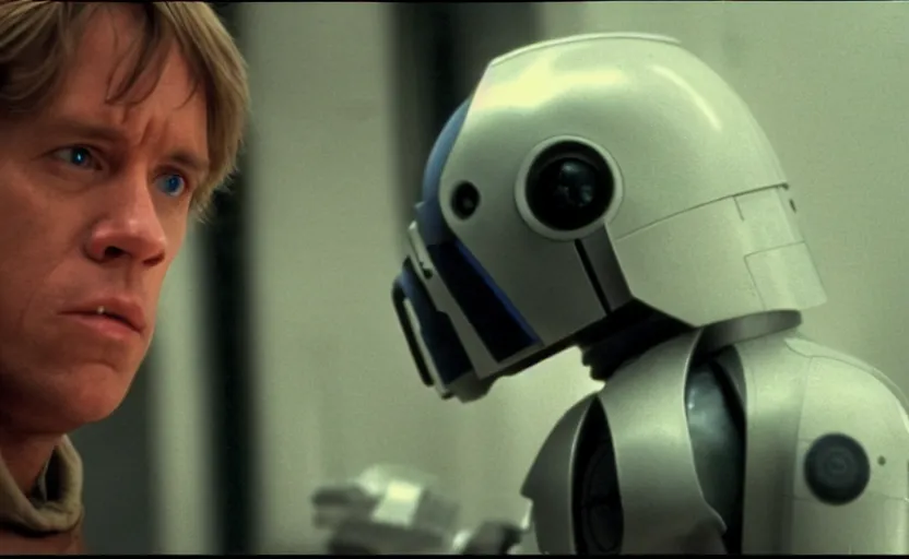 Image similar to cinematic still image screenshot portrait luke skywalker in cybernetic wheel chair talking to a lonely droid, from the tv show on disney + anamorphic lens, photo 3 5 mm film kodak from empire strikes back crisp 4 k imax