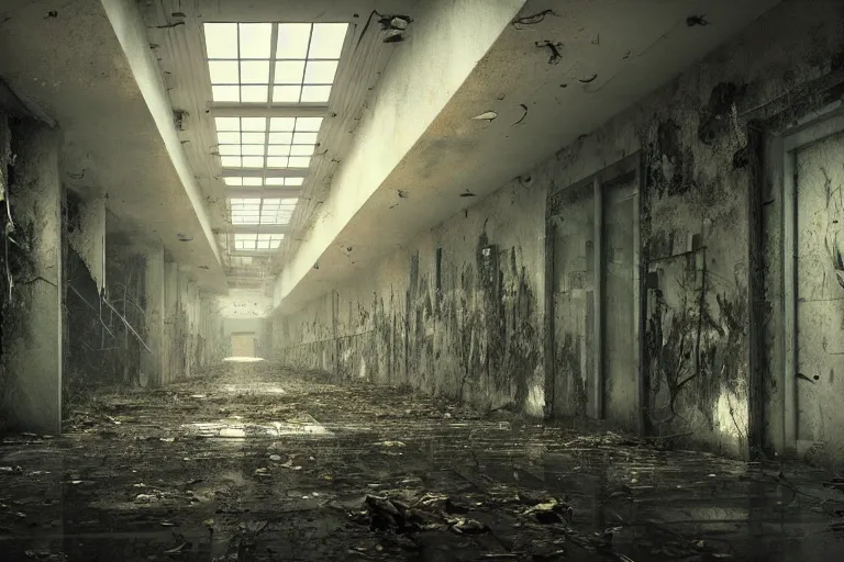 Prompt: abandoned hospital hallway, horror movie still, broken tiles, vegetation, cinematic, nighttime, greg rutkowski, artstation