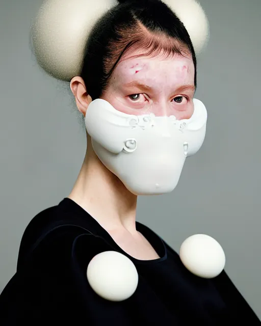 Image similar to portrait of a woman wearing a white embroidered translucent silicone mask and white lilac frizzy hair buns, wearing a black bodysuit by alexander mcqueen, cream white background, soft diffused light, biotechnology, humanoide robot, bjork aesthetic, translucent, by rineke dijkstra, intricate details, highly detailed, masterpiece,