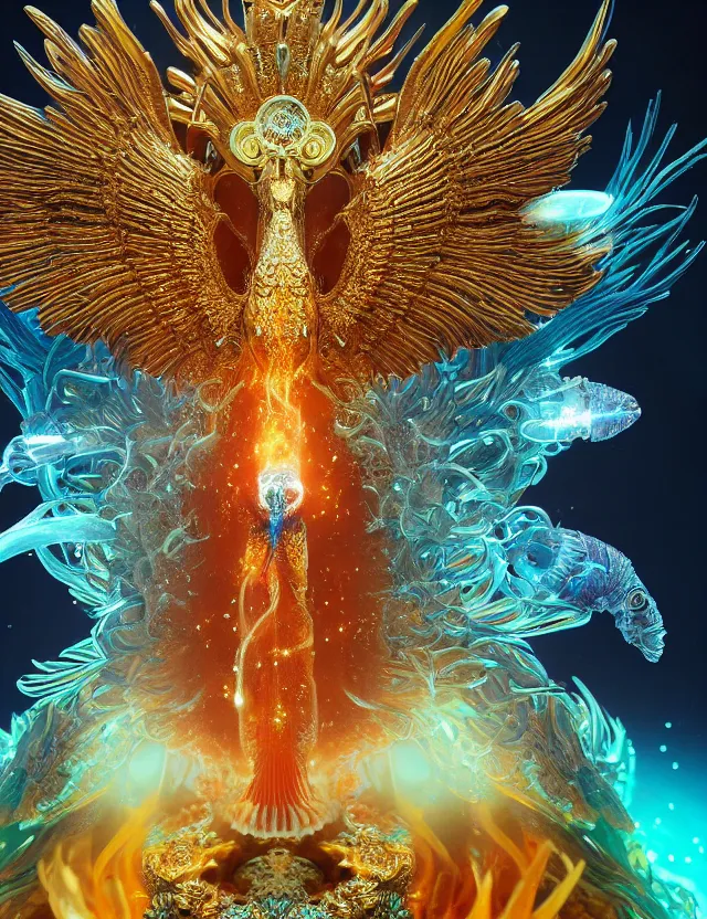 Image similar to goddess phoenix macro close - up portrait with crown made of ram skull. phoenix, betta fish, jellyfish, bioluminiscent, plasma, ice, water, wind, creature, super intricate ornaments artwork by tooth wu and wlop and beeple and greg rutkowski