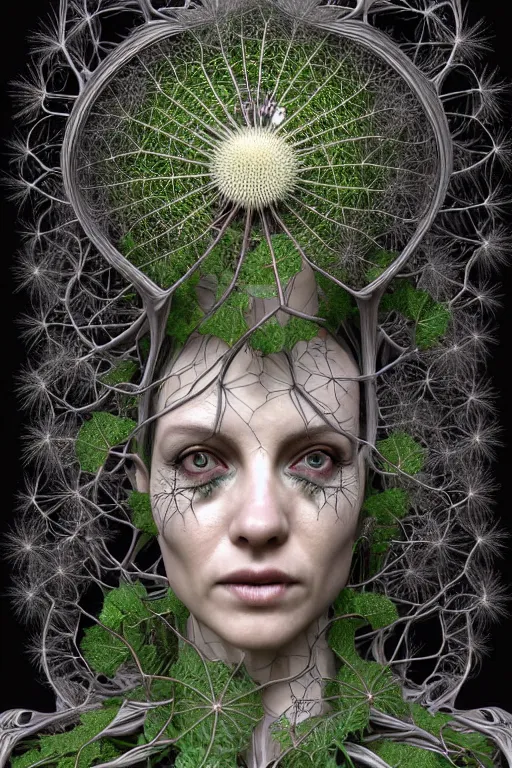 Image similar to intricate hyper detailed ultra sharp 3 d render of a witch profile close - up!!! portrait, art nouveau, alexander mcqueen, transparent fractal dandelion green ivy roots, moon in the background, intricate details, anatomical, flesh ornate, facial muscles, cable wires, elegant, hyper realistic, ultra detailed, octane render, volumetric cinematic lighting, 8 k post - production