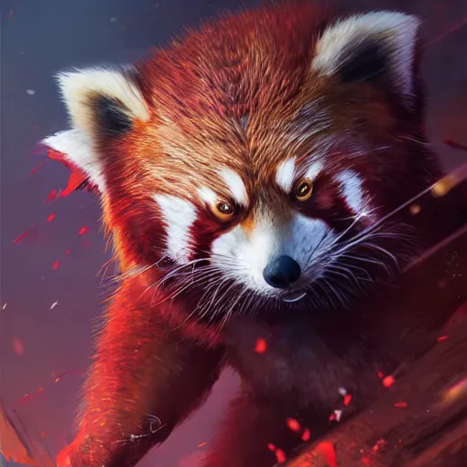 Image similar to red panda as warhammer character, digital illustration portrait design, by android jones and greg rutkowski, retrowave color scheme, detailed, cinematic lighting, wide angle action dynamic portrait