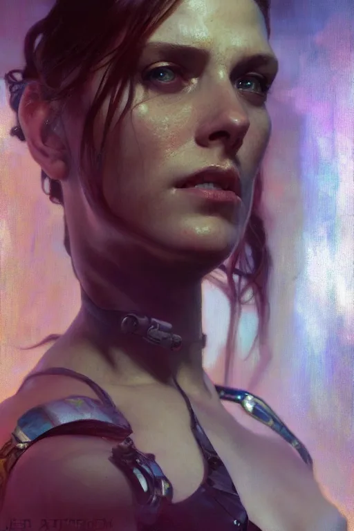 Image similar to hyperrealist portrait of lady terminator. by jeremy mann and alphonse mucha, fantasy art, photo realistic, dynamic lighting, artstation, poster, volumetric lighting, very detailed faces, 8 k, award winning, golden hour