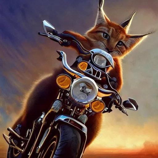 Image similar to cute fluffy caracal riding a harley motorcycle, road, sunset. adventurous, atmospheric lighting, stunning. by ted nasmith, gaston bussiere, craig mullins, j. c. leyendecker, rossdraws, james jean, andrei riabovitchev, marc simonetti, krenz cushart, trendig on artstation, digital art