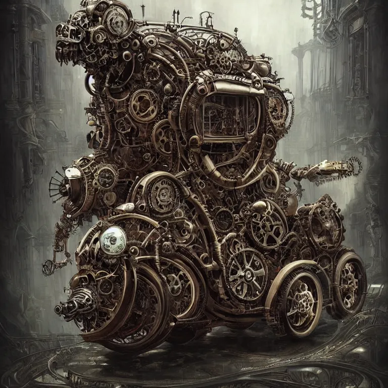 Image similar to biomechanical steampunk vehicle reminiscent of fast sportscar with robotic parts and (glowing) lights parked in ancient lush palace, gothic and baroque, brutalist architecture, ultradetailed, creepy ambiance, fog, artgerm, giger, Intricate by Ellen Jewett and Josan Gonzalez and Giuseppe Arcimboldo