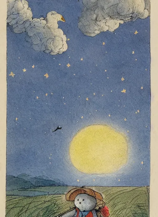 Image similar to sky transitioning from day to night, one half is sunny, other half is starry and dark, illustrated by peggy fortnum and beatrix potter and sir john tenniel