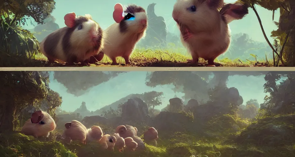 Image similar to hyper realistic cute guineapigs everywhere, by simon stalenhag, frank frazetta, greg rutkowski, beeple, christian macnevin, wlop and krenz cushart, epic fantasy character art, volumetric outdoor lighting, midday, high fantasy, cgsociety, cheerful colours, full length, exquisite detail, post - processing, masterpiece, cinematic