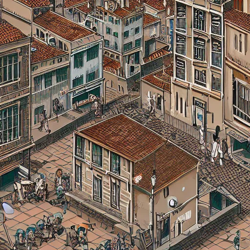 Image similar to isometric view illustration of a medieval Marseille street corner, highly detailed, mid day by Victo Ngai