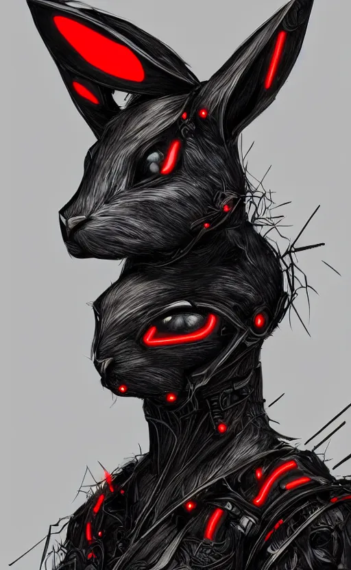 Prompt: face portrait of a cyborg rabbit assassin standing in the forest, in black carbon and red fiber sci-fi armor, light coming off of the armor, tech wear, sci-fi, intricate, elegant, highly detailed, digital painting, artstation, concept art, smooth, sharp focus, illustration, trending on art station, dynamic lighting, cinematic, ultra detailed, fantasy concept art