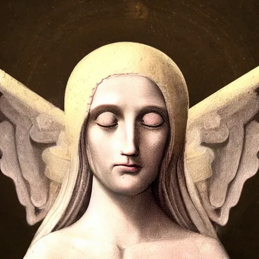 Prompt: realistic medieval painting portrait of white angel with clean narrow face like noface, 3 / 4, miracle light coming up from the head up and up, misty space, grace and blessing, sfumato effect, by by bill stoneham, renaissance, christianity, marble stone, glow effect, white background