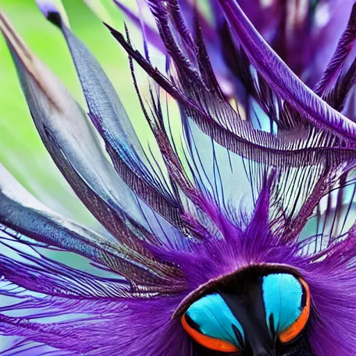 Image similar to closeup photo a bird of paradise, covered in feathers. focus on the beak. intricate eyes. extremely large wings. extreme detail, hyperrealistic photo