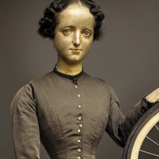 Prompt: close up portrait of a life size victorian female automaton standing in with a bicycle, 8 k, soft lighting, highly detailed realistic, face in focus 1 8 9 0's liminal