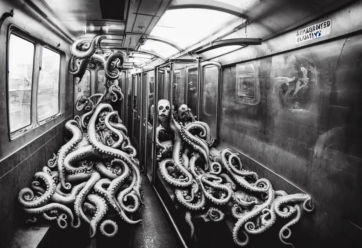 Image similar to a busy subway wagon, there is a huge monster octopus on the interior, tentacles creeping in through the windows and gaps, people are scared and screaming while trying to flee through the windows, 1 6 mm lens,