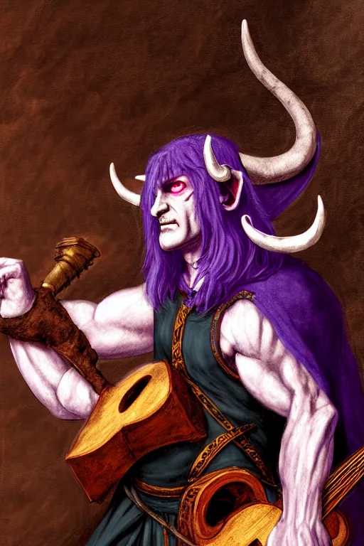 Prompt: tiefling bard with white horns on his head, purple skin, he is playing a heavy Metal song. the background is a friendly tavern. The mood is friendly and welcoming. dungeons and dragons, highly detailed, digital painting, artstation, concept art, sharp focus, illustration, art by Leonardo da Vinci and Michelangelo and Botticelli