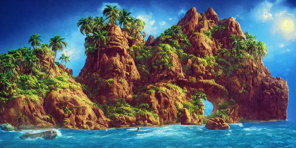 Image similar to ”mysterious caribbean island with a huge carved cliff that resembles a primitive monkey’s head with a mouth as an entrance to a cave inside, [palm trees, beach, wide angle, side view, cinematic, monkey island, art by wlop and paul lehr]”