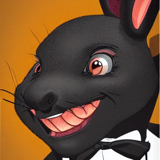 Image similar to A extremely highly detailed majestic hi-res beautiful, highly detailed head and shoulders portrait of a scary terrifying, horrifying, creepy black cartoon rabbit with a bowtie and scary big eyes, earing a shirt laughing, hey buddy, let's be friends, in the style of Walt Disney