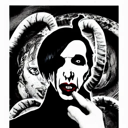 Prompt: graphic illustration, creative design, marilyn manson as a goat, biopunk, francis bacon, highly detailed, hunter s thompson, concept art