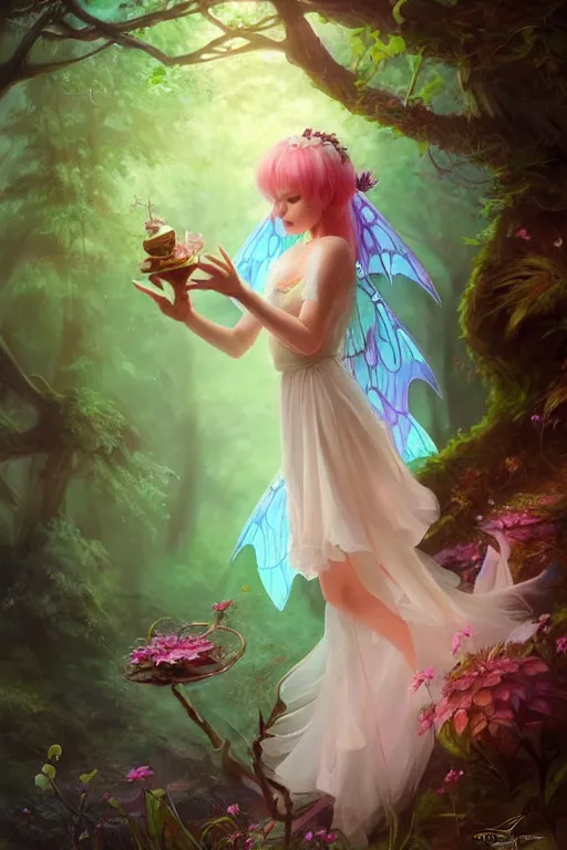 Image similar to a cute fairy in the dreamy forest, fantasy, 8 k resolution, hyper detailed, d & d, character design, digital painting, trending on artstation, sharp focus, illustration, art by artgerm, steve zheng, fuji choko, viktoria gavrilenko, hoang lap