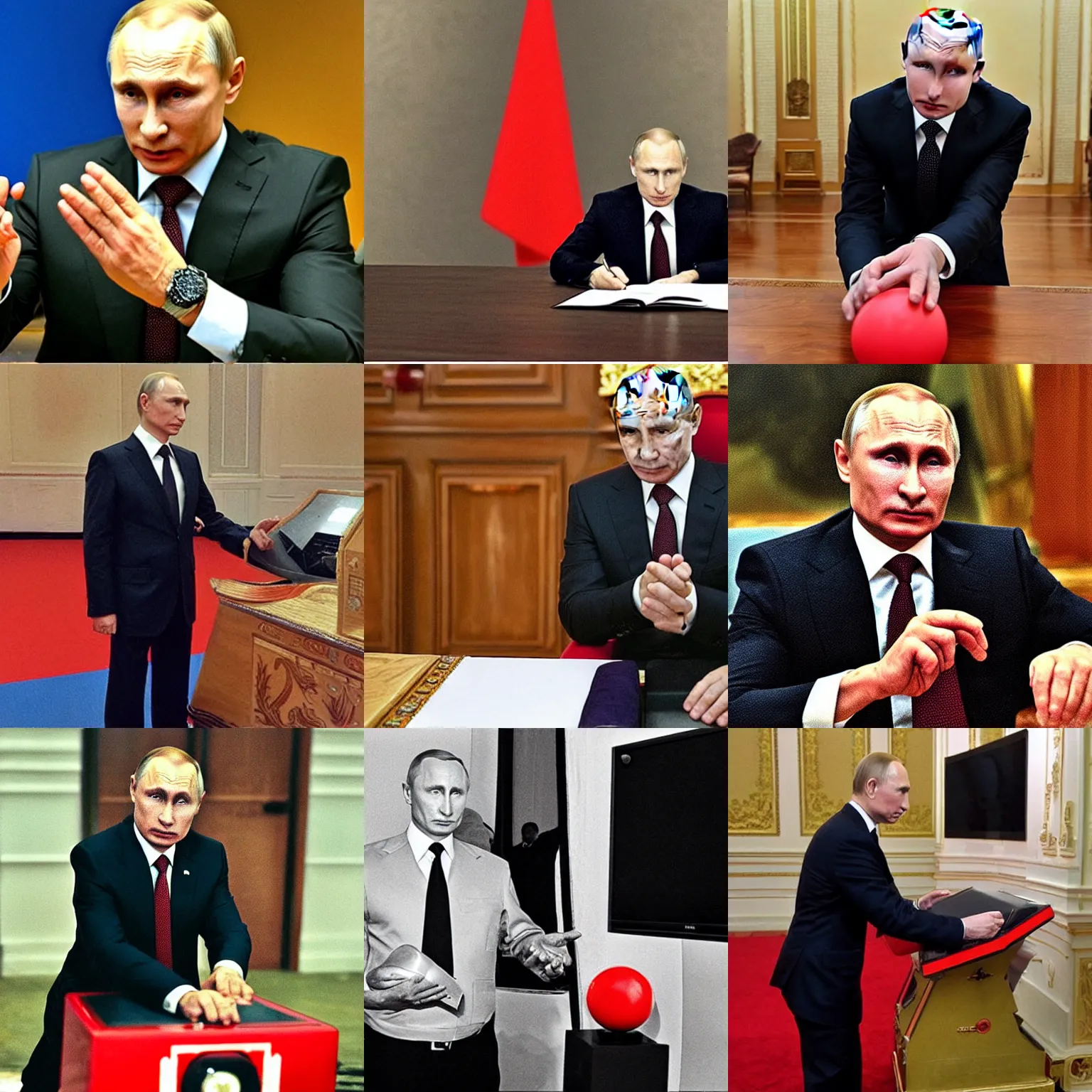 Prompt: “ photo vladimir putin ordering a nuclear attack using nuclear football pressing w big red button, hyperrealistic, award winning ”