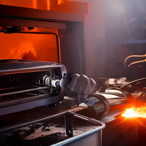 Image similar to cyborg toaster oven repairman, dark messy smoke - filled cluttered workshop, dark, dramatic lighting, orange tint, sparks, plasma rays, cinematic, highly detailed, sci - fi, futuristic, movie still