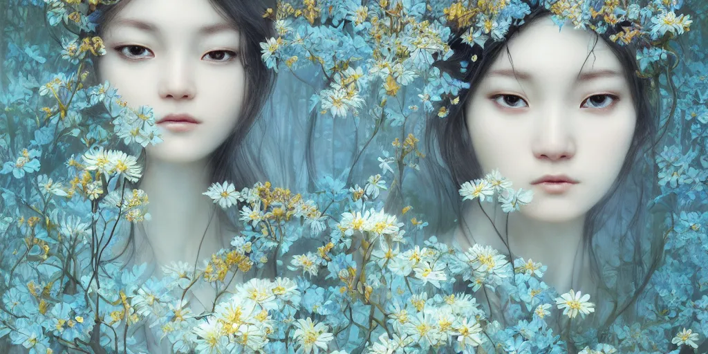 Image similar to breathtaking detailed concept art painting of few goddesses of light blue flowers, orthodox saint, with anxious, piercing eyes, ornate background, amalgamation of leaves and flowers, by Hsiao-Ron Cheng, James jean, Miho Hirano, Hayao Miyazaki, extremely moody lighting, 8K