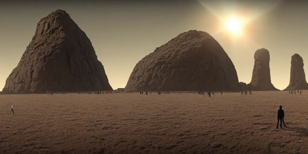 Image similar to an enormous alien black monolith in the desert, a large line of people are walking toward it in a line! starting at the foreground and ending at the building, single file, in the foreground on a rock is an alien creature catching a fly with its tongue, two suns are in the sky, clear skies, volumetric light, hyperdetailed, artstation, cgsociety, 8k