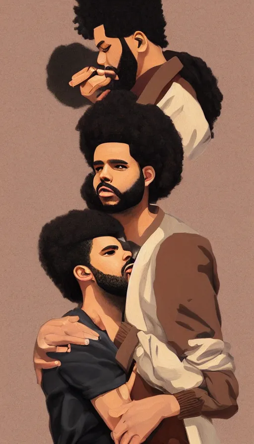 Prompt: drake and the weeknd smoking by ghibli, brown skin, classical painting, digital painting, romantic, vivid color, oil painting