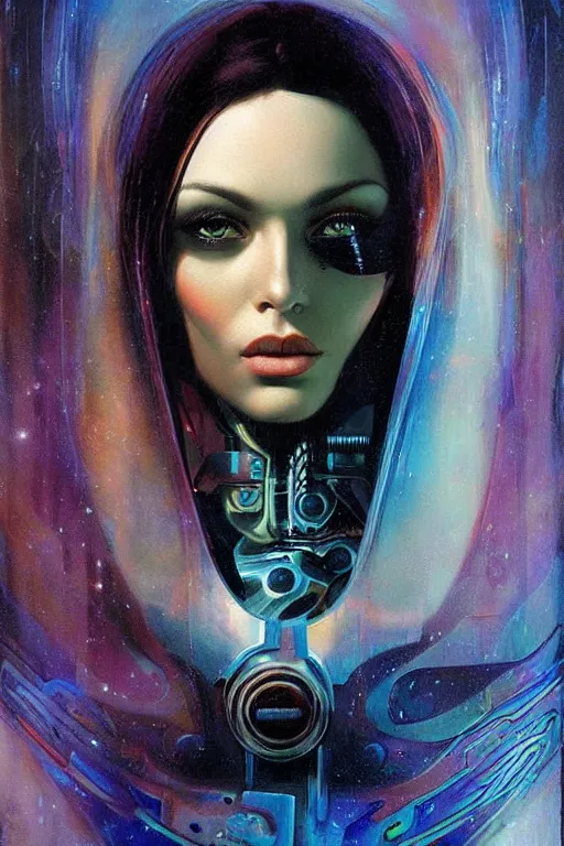 Image similar to portrait of raven, perfect future, iridescent color palette, art by karol bak, 1 9 7 0 s retro future robot android. muted colors