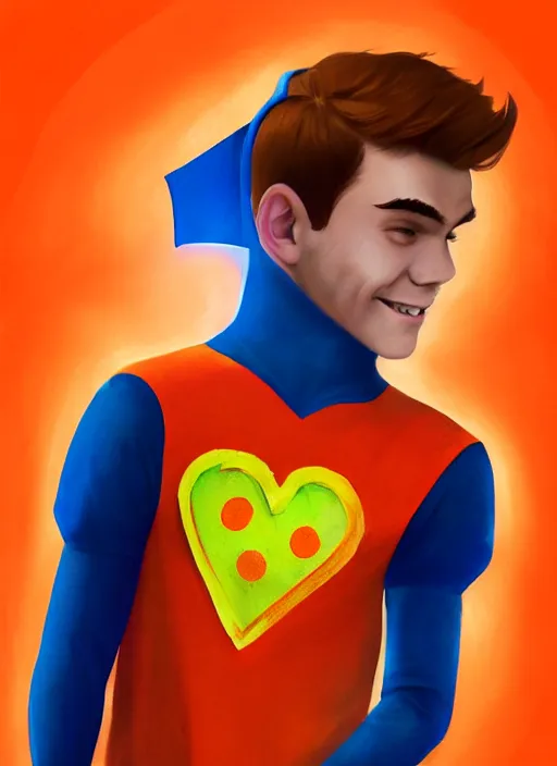 Image similar to friendly teenage archie andrews wearing an orange superhero costume with heart logo, heart, freckles, blue cape, heart emblem on chest, blue cape, intricate, elegant, glowing lights, highly detailed, digital painting, artstation, sharp focus, illustration, art by wlop, mars ravelo and greg rutkowski