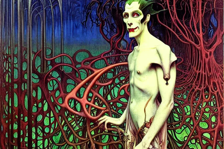 Image similar to realistic extremely detailed portrait painting of an elegantly creepy vampire man dressed as dracula, futuristic sci-fi forest on background by Jean Delville, Amano, Yves Tanguy, Alphonse Mucha, Ernst Haeckel, Edward Robert Hughes, Roger Dean, rich moody colours, blue eyes