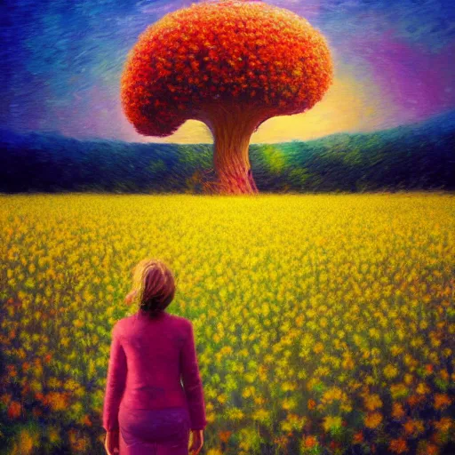 Image similar to gigantic flower head, girl standing in flower field, surreal photography, big trees, sunrise dramatic light, impressionist painting, colorful clouds, digital painting, pointillism, artstation, simon stalenhag