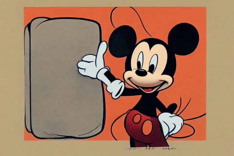 Image similar to courtroom sketch of vintage disney character mickey mouse presenting evidence of copyright infringement before the judge serious dark tone