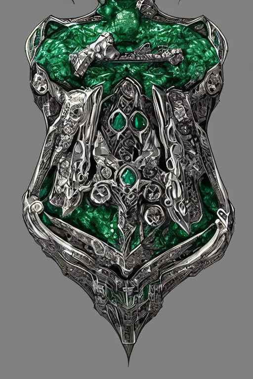 Image similar to an ancient white bone and emerald gemstone relic, intricate engraving, concept art style