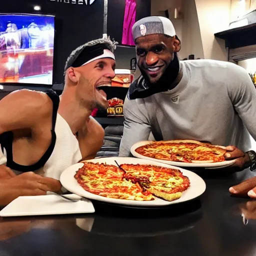 Prompt: Lebron James is eating pizza with Steven Curry