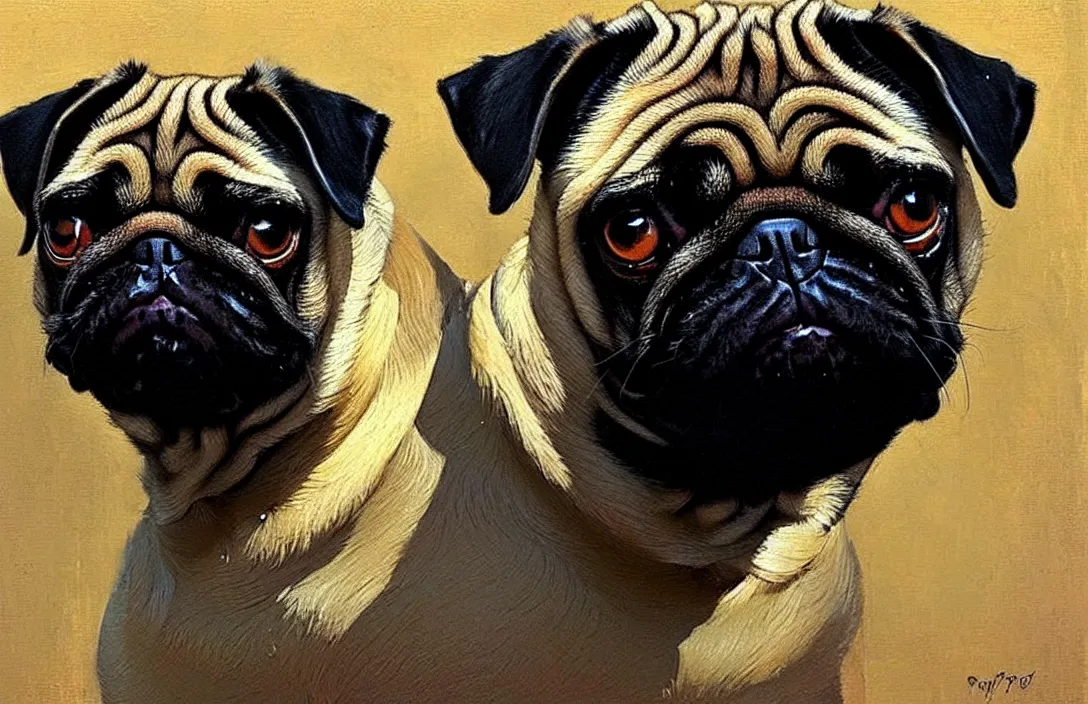 Image similar to portrait of a pug dog!!!!!!!!!!!!!!!!!!!!!!!!!!!, detailed face, detailed painting,, epic lighting, by ilya repin, phil hale and kent williams