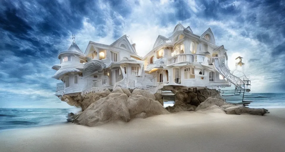 Image similar to pearly white seashell house, atmospheric cinematography