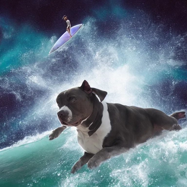 Image similar to photo of a dark gray white small spots coat pit bull with a white paws, surfing on a surfboard in a crashing wave of alien ocean in space, background is an alien galaxy, aliens in the background, alien colors, octane render, unreal engine, wide view, 8 k, high detaild