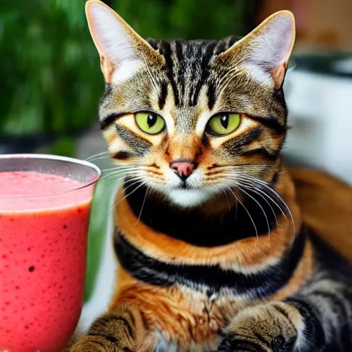 Prompt: a tabby cat blended into a smoothie