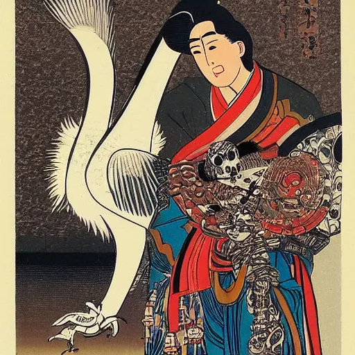 Image similar to A beautiful kinetic sculpture of a man, with an animal skull for a head, and a large bird perched on his shoulder. The man is looking up at the bird with a fierce expression, and the bird is looking back at him with what seems to be an equally intense gaze. vintage Disney by Kunisada